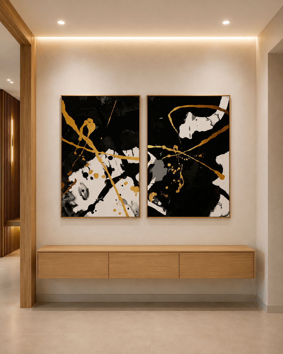 KIT 2 QUADROS DECORATIVOS - ABSTRATO MANCHAS PRETO E OURO